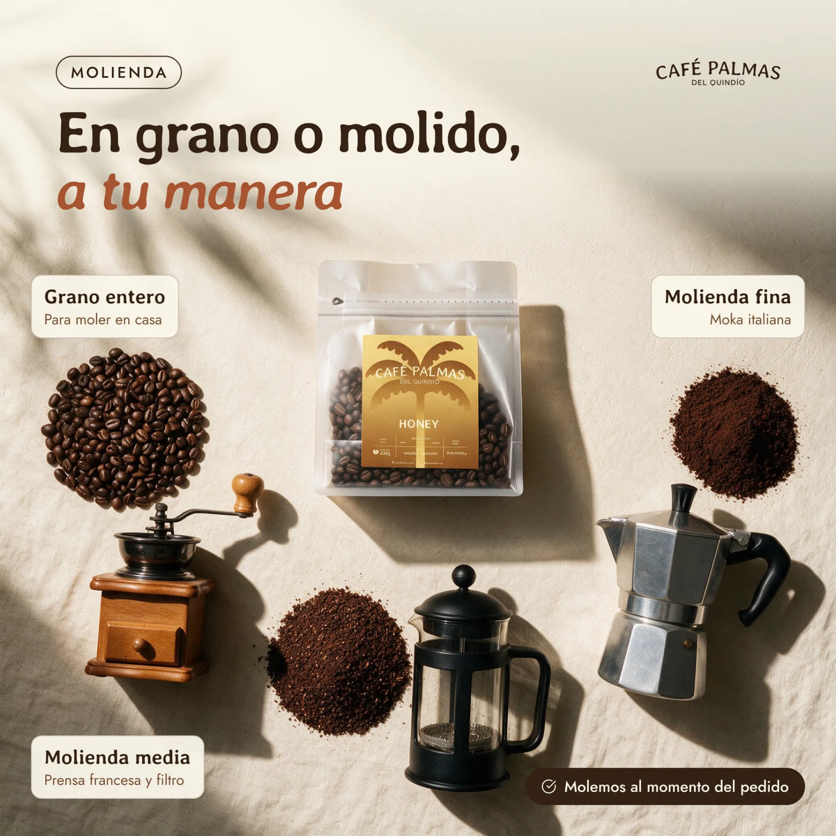 En grano o molido: grano entero, molienda media o fina