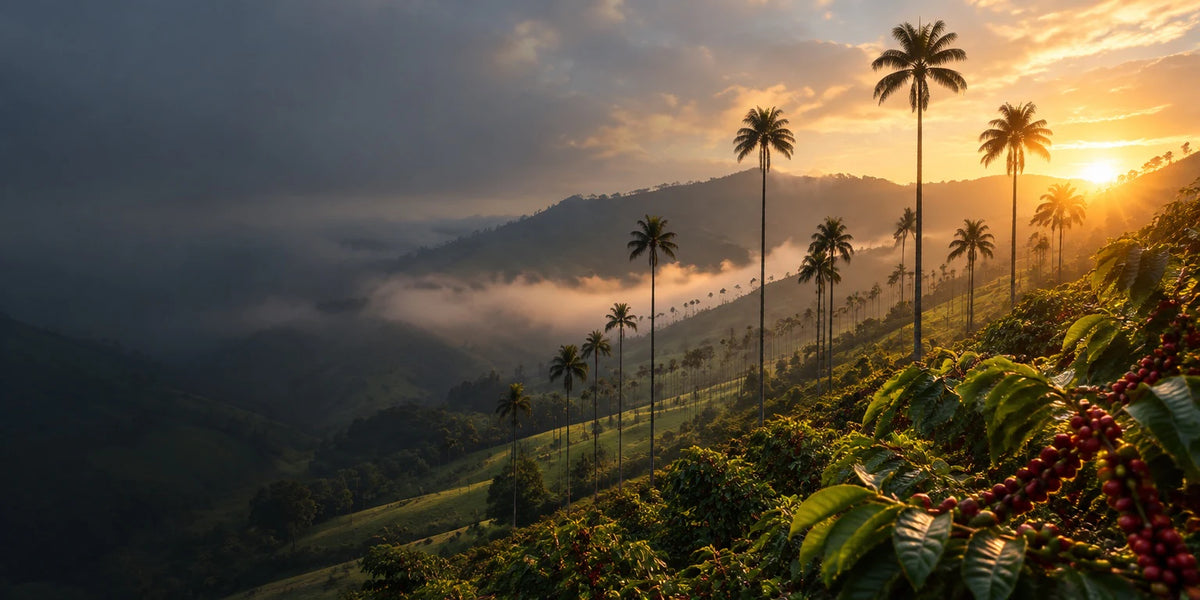 Palmas de cera y cafetales del Quindío al atardecer